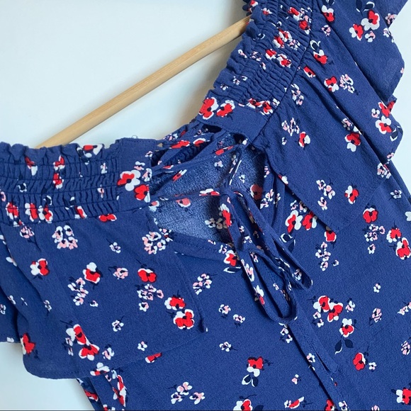 EXPRESS Off The Shoulder Blue Floral Dress Size 4 - Picture 2 of 7